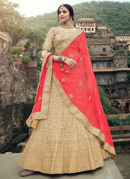 Beige Exclusive Bridal Wedding Wear Satin Embroidery With Stone Work Latest Lehenga Choli Collection 4515